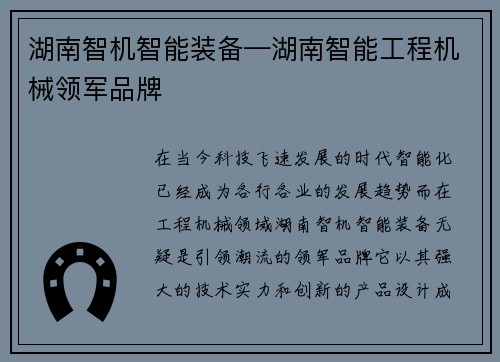 湖南智机智能装备—湖南智能工程机械领军品牌